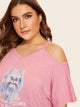 Plus Cartoon Cold Shoulder Pajama Set