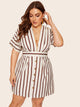 Plus Deep V-neck Striped Dress