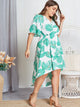 Plus Tassel Dip Hem Palm Tree Print Dress