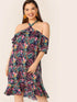 Plus Tropical Print Halter Neck Ruffle Hem Dress