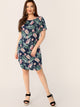 Plus Curved Hem Tropical Print Dress