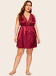 Plus Lace Trim Split Criss Cross Satin Dress With Thong