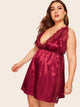 Plus Lace Trim Split Criss Cross Satin Dress With Thong