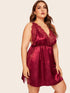 Plus Lace Trim Split Criss Cross Satin Dress With Thong