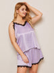 Plus Contrast Lace Satin Cami Top With Shorts Pajama Set