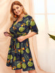 Plus Palm Tree Print Wrap Self Tie Dress