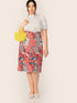 Plus Ditsy Floral Button Side Split Skirt