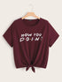 Plus Tie Front Slogan Print Tee