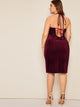 Plus Tie Back Lace Up Ribbed Velvet Halter Dress