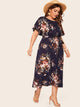 Plus Keyhole Front Floral Print Belted Dress