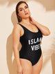 Plus Letter Print Low Back One Piece Swimwear