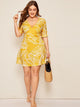 Plus Surplice Front Leaf Print Dress