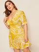 Plus Surplice Front Leaf Print Dress