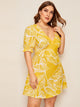 Plus Surplice Front Leaf Print Dress