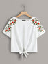 Plus Flower Embroidered Tie Front Tee