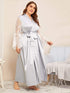 Plus Contrast Lace Satin Robe With Belt