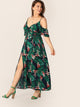  Plus Cold Shoulder Tropical Print Belted Split Dress