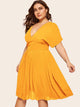  Plus Knot Back Plunging Neck Pleated Dress