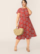 Plus Allover Print Top and Elastic Waist Skirt Set