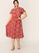 Plus Allover Print Top and Elastic Waist Skirt Set