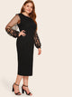  Plus Embroidered Mesh Sheer Sleeve Pencil Dress