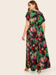 Plus Tropical and Floral Print Dot Lace Cuff Dress