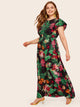 Plus Tropical and Floral Print Dot Lace Cuff Dress