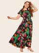 Plus Tropical and Floral Print Dot Lace Cuff Dress