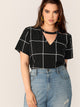 Plus Grid Keyhole Back Choker Neck Top