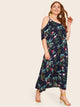 Plus Cold-Shoulder Tropical And Flamingo Print Dress