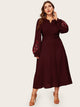 Plus V-cut Neck Embroidered Lantern Sleeve Dress