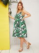  Plus V-neck Tropical Print Slip Dress