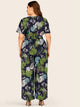 Plus Tie Front Tropical Print Jumpsuit