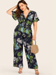 Plus Tie Front Tropical Print Jumpsuit