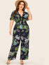 Plus Tie Front Tropical Print Jumpsuit