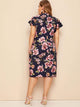 Plus Floral Print Butterfly Sleeve Peekaboo Dress