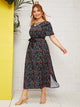 Plus Ditsy Floral Print Self Tie Dress