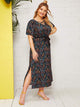 Plus Ditsy Floral Print Self Tie Dress