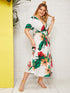 Plus Tropical & Floral Print Belted Split Thigh Dress