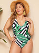 Plus Striped & Leaf Print One Piece Bikini