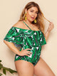 Plus Leaf Print Flounce One Piece Swimwear