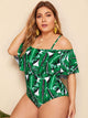 Plus Leaf Print Flounce One Piece Swimwear