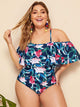 Plus Leaf Print Flounce One Piece Swimwear