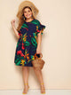 Plus Tropical Print Flounce Trim Dress