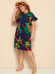 Plus Tropical Print Flounce Trim Dress