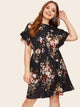 Plus Tropical Print Flounce Trim Dress