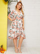 Plus Floral Print Ruffle Trim Knot Side Wrap Dress