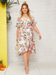 Plus Floral Print Ruffle Trim Knot Side Wrap Dress