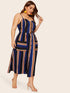 Plus Striped Button Front Dual Pocket Cami Dress