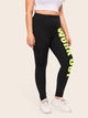 Plus High Waist Neon Slogan Print Leggings